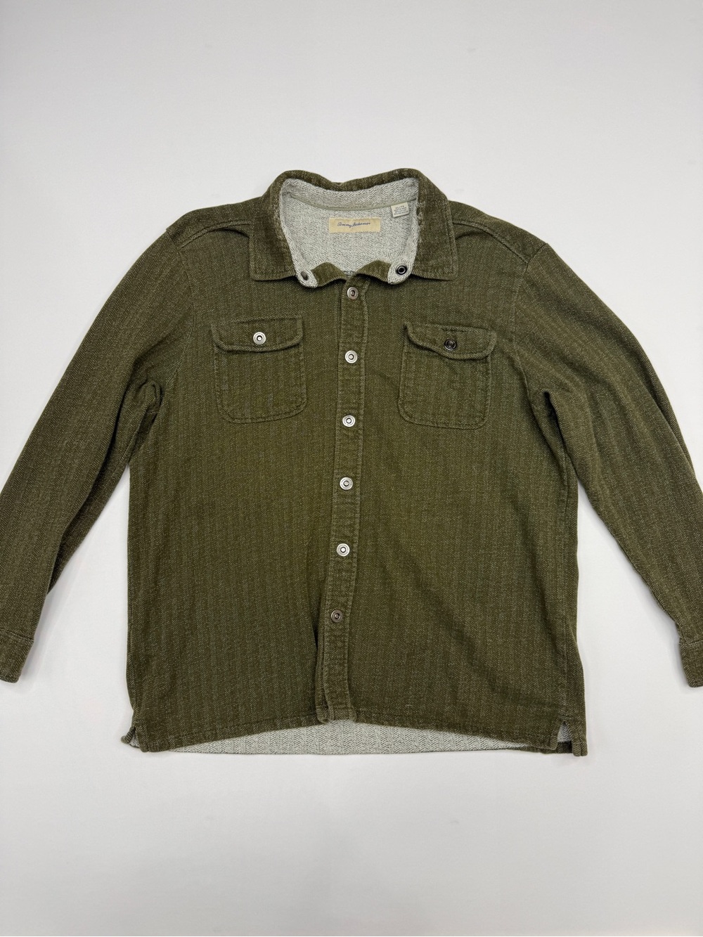 Tommy Bahama Olive Green Herringbone Snap-Button Shirt Jacket Shacket XL
